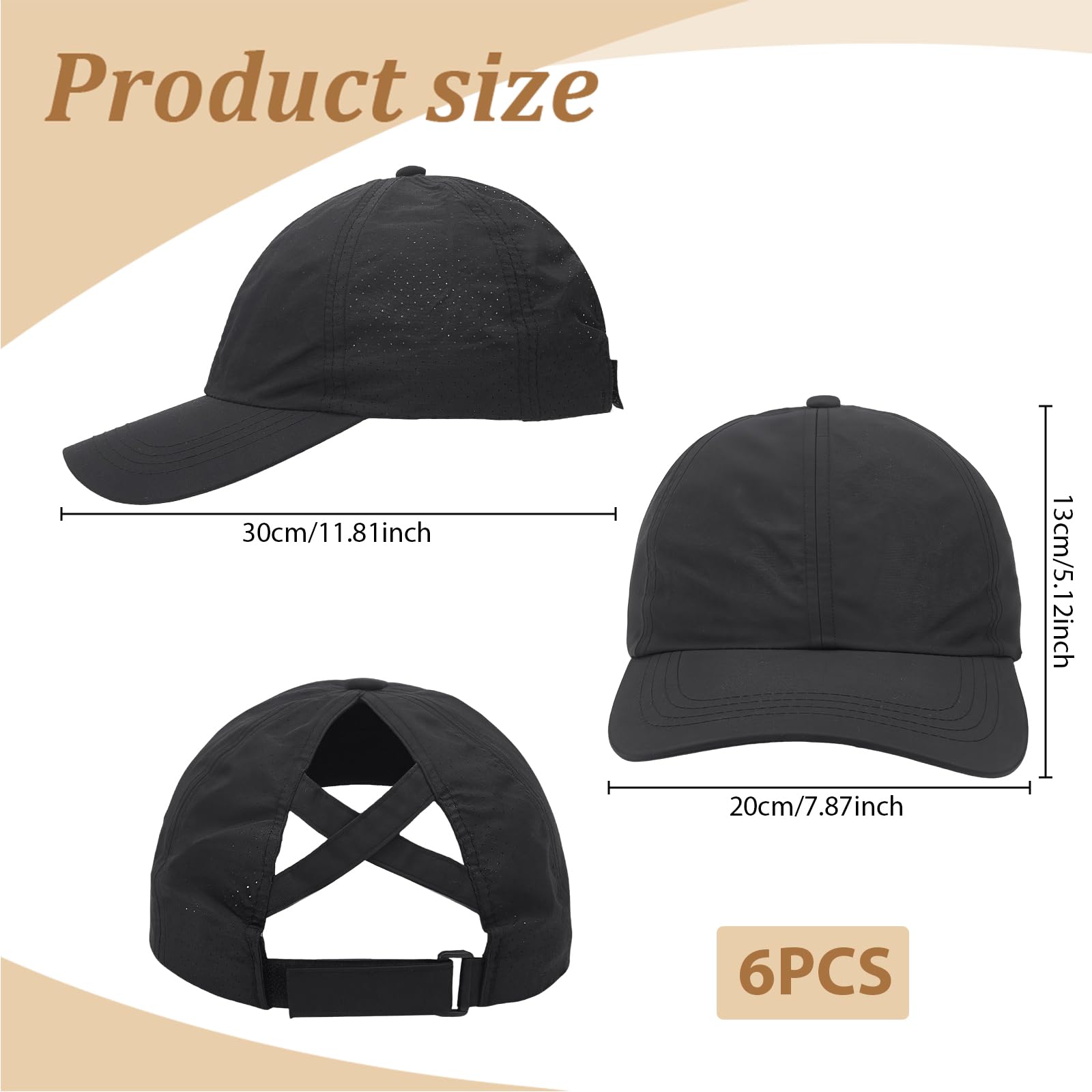 6 gorras de béisbol de malla para mujer con tiras cruzadas para cola de caballo