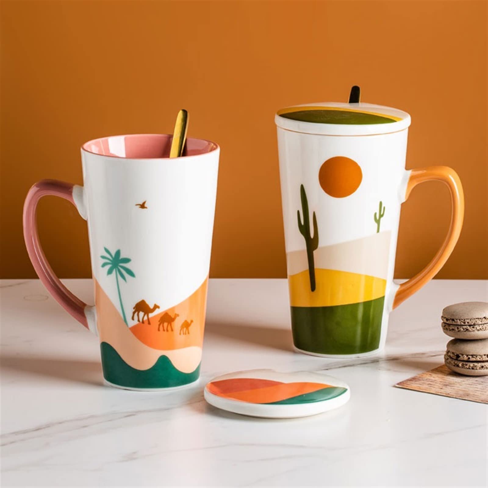 Kubek do picia 500 ml, duży kubek z pokrywką, łyżeczka, kubek do mleka, kubek do kawy, kubek z porcelany kostnej, kubek do wody biurowej, kubek do kawy (D) (C)