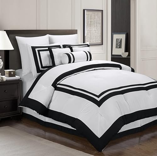 Miniatura 6 de Chezmoi Collection Caprice - Juego de edredón de 7 piezas estilo hotel, ropa de cama moderna de bloques de color blanco y negro con almohadas