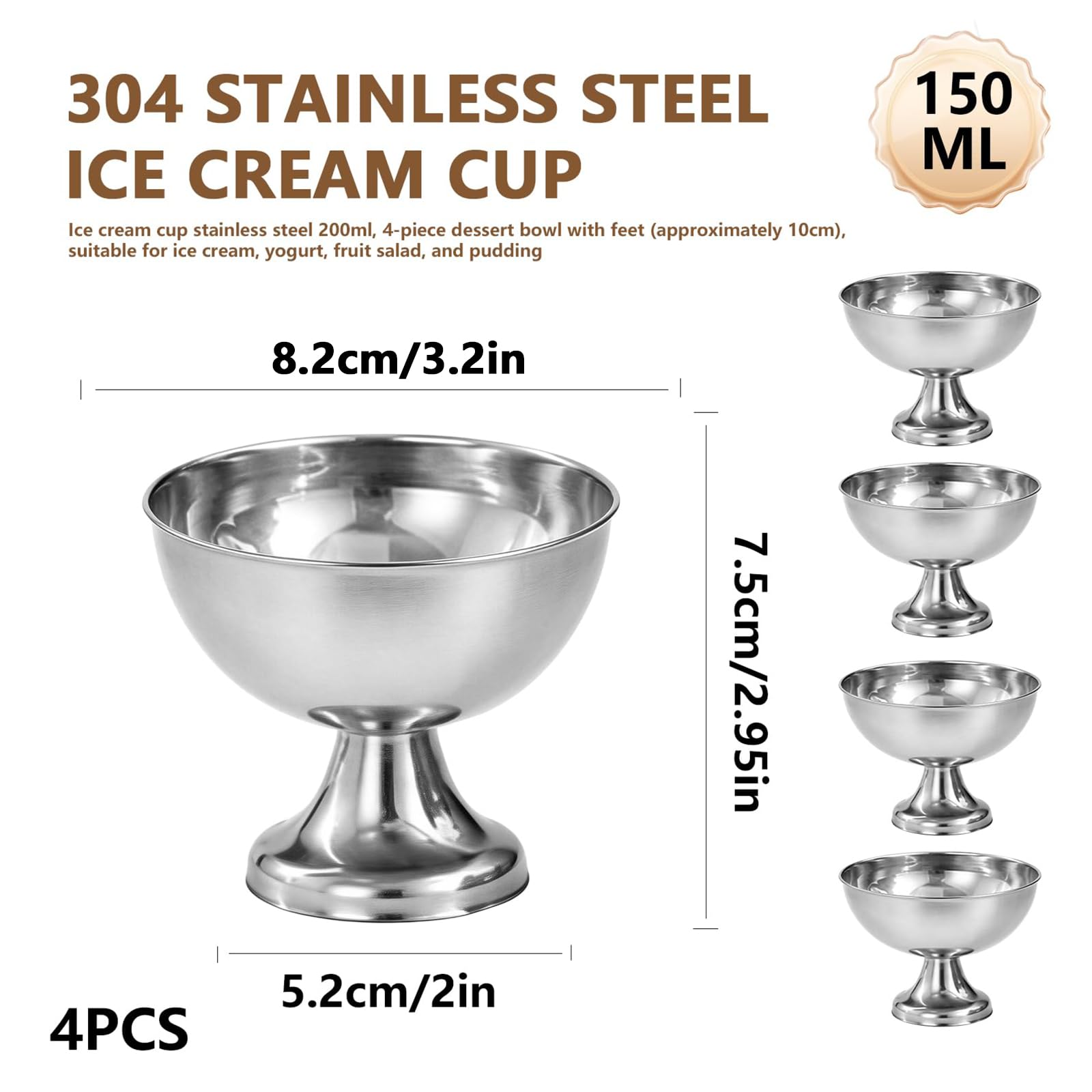 BAIFULAI 4 bicchieri da gelato da 150 ml, in acciaio inox: 8,2 cm, in acciaio inox, Ice Cream Sundae, per gelato, yogurt, macedonia di frutta e budino, ideali per matrimoni, feste, caffè e ristoranti