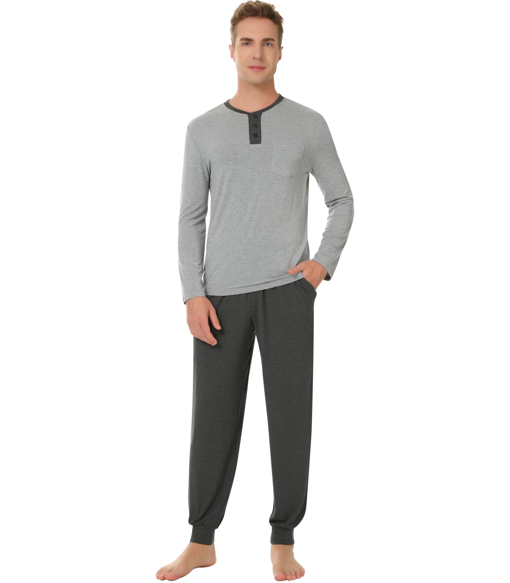 Mens Pajamas Set Long Sleeve Henley Sleepwear Top Soft Jogger Pants Pajamas Cool Pjs Set,Viscose Made from Bamboo-image-24