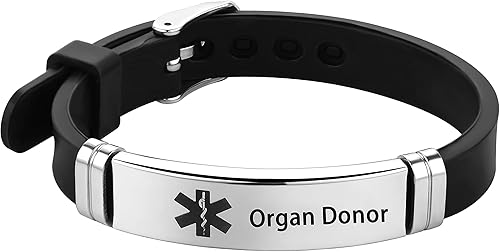 Miniatura 19 de Pulsera de identificación de alerta médica grabada con láser, pulsera ajustable negra ELIOUS para hombres y mujeres, primeros auxilios