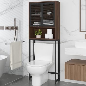 Launica 65 Inch Over The Toilet Storage Cabinet Wood and Metal Walnut | Over Toilet Bathroom Organizer with Mesh Doors and Shelves Freestanding Bathroom Storage Cabinet Above Toilet