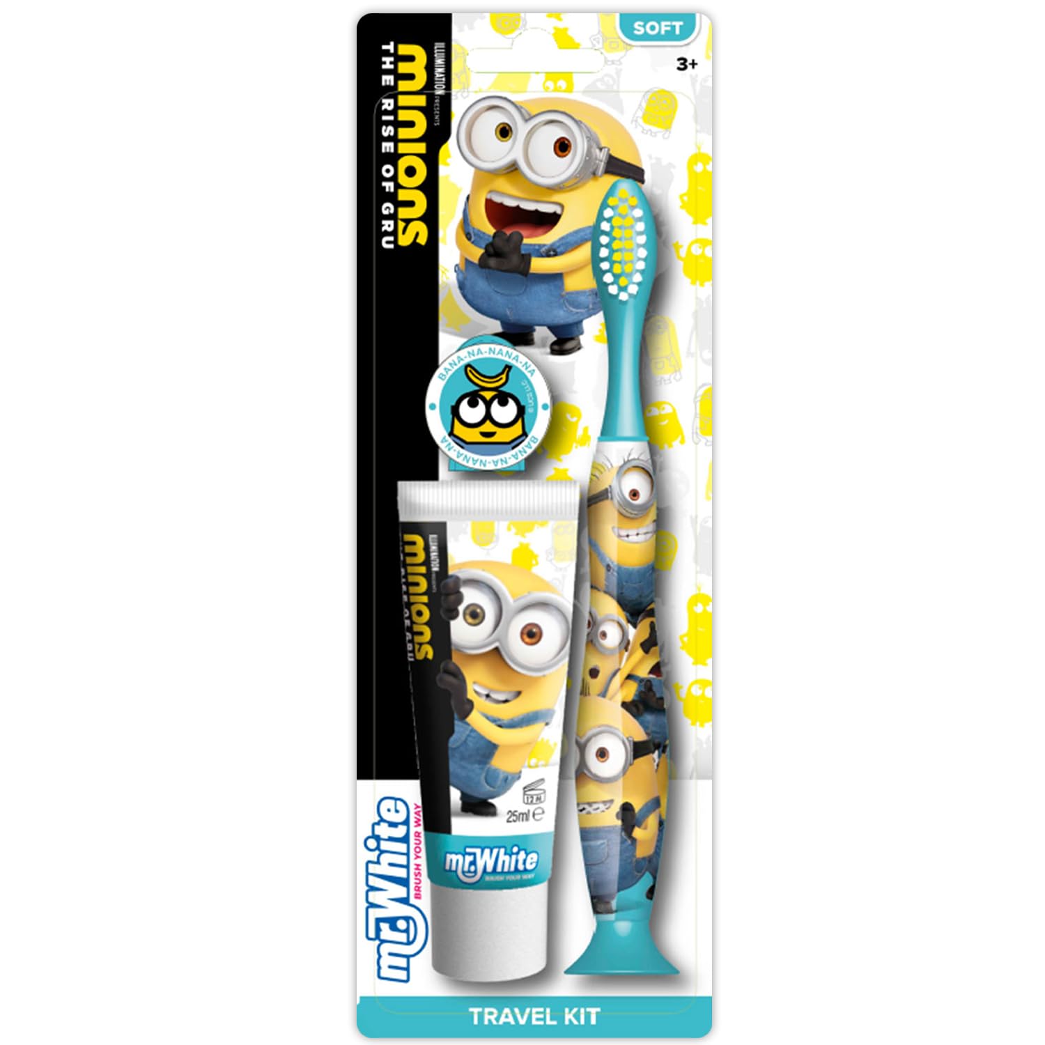 Minions Kids Toothbrush Travel Set – Includes Strawberry-Flavoured Toothpaste & Soft-Bristle Toothbrush with Suction Cup & Protective Cap | Travel-Friendly Oral Care Kit for Children Ages 3+