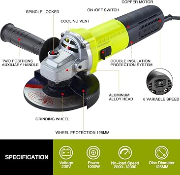 DEWINNER Angle Grinder Power Tool 1000W 2000-12000 RPM with 20 Accessorie,125mm Corded Angle Grinder with Canvas Handbag, Used for Cutting and Grinding, Polishing, Metal, Wood, Ceramic, Stone