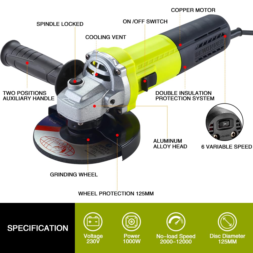DEWINNER Meuleuse D'angle 125mm 1000W 2000-12000 trs/min Avec 20 Accessoires, Meuleuses D'angle Avec Sac à Main en Toile, Disqueuse 125 mm, Coupe et le Meulage, le Polissage, Métal, Bois,Céramique