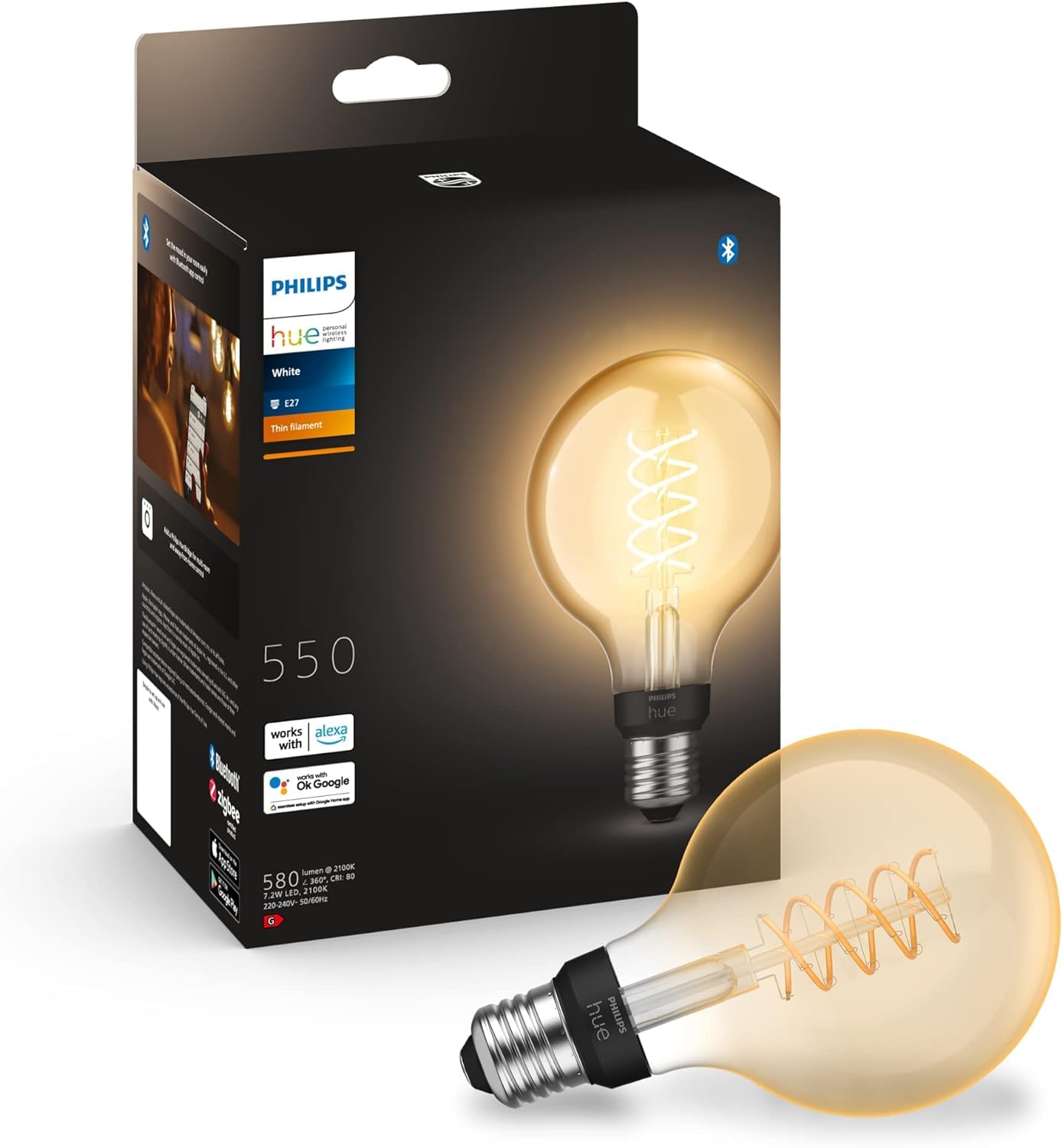 Philips Hue Philips Hue White Filament Retro E27 G93 Globe Works with Alexa Smart Light