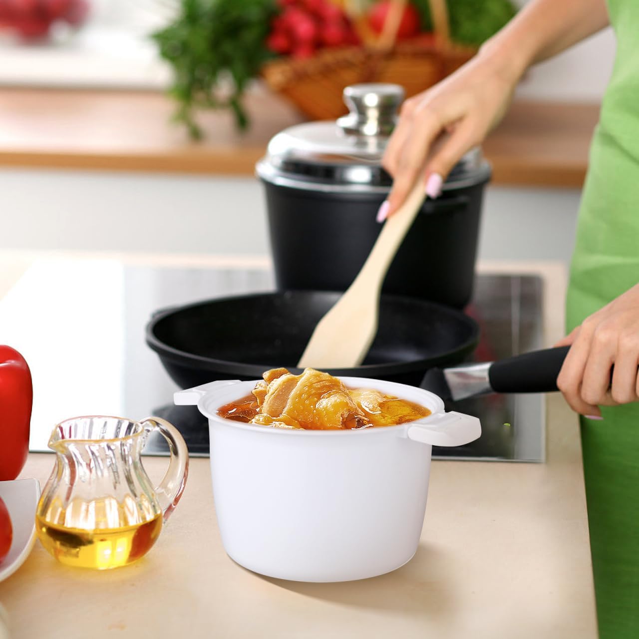 CALLARON Microwave Rice Cooker Lid Spoon Multifunctional Microwave Rice Pasta Vegetables Non stick Prep
