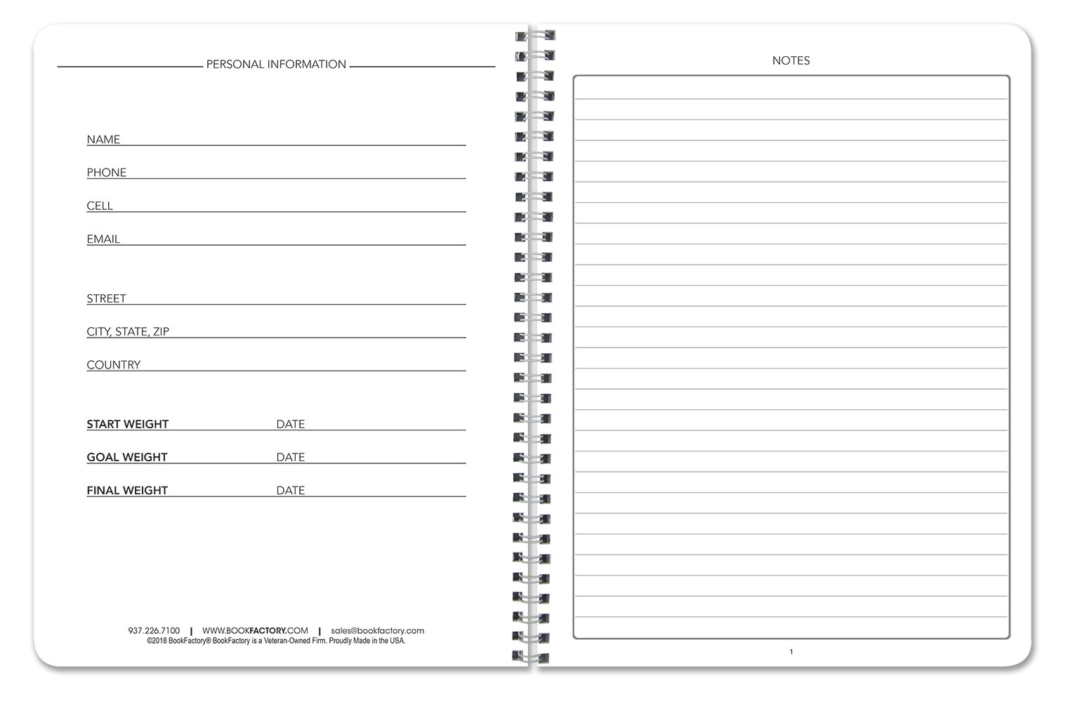 BookFactory Dziennik Żywności i Zdrowia/Dziennik Żywności/Dziennik Fitnessowy, 186 stron - 20 cm x 28 cm Trwała gruba półprzezroczysta okładka, wiązanie Wire-O (JOU-186-7CW-(FoodJournal))