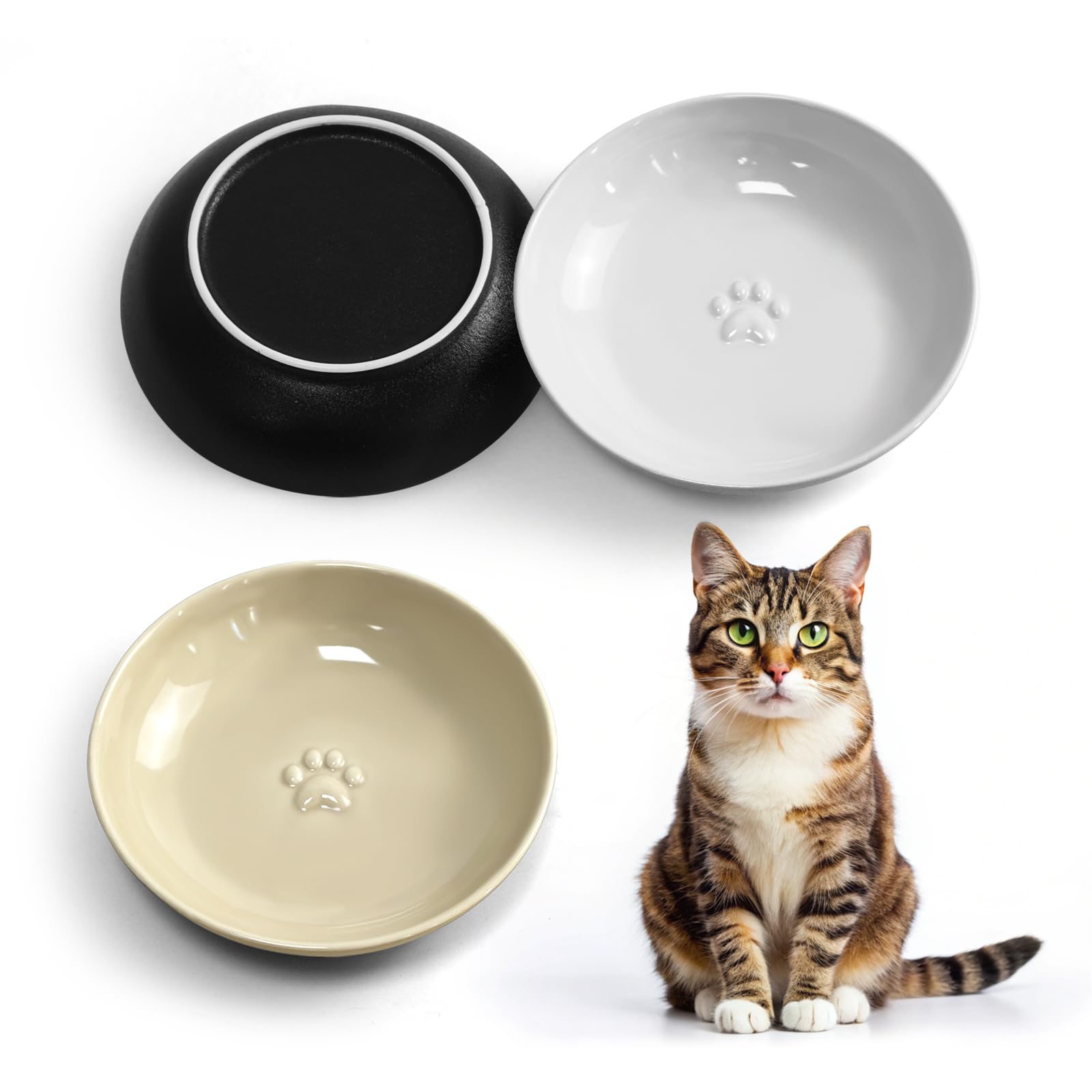 Zofylux 3PCS Cat Food Bowl,Ceramic Cat Dish for Indoor Cats,Wide Shallow Cat Bowls for Dry and Wet Food,Anti Whisker Fatigue Cat Plates for Kitten Cats or Dogs