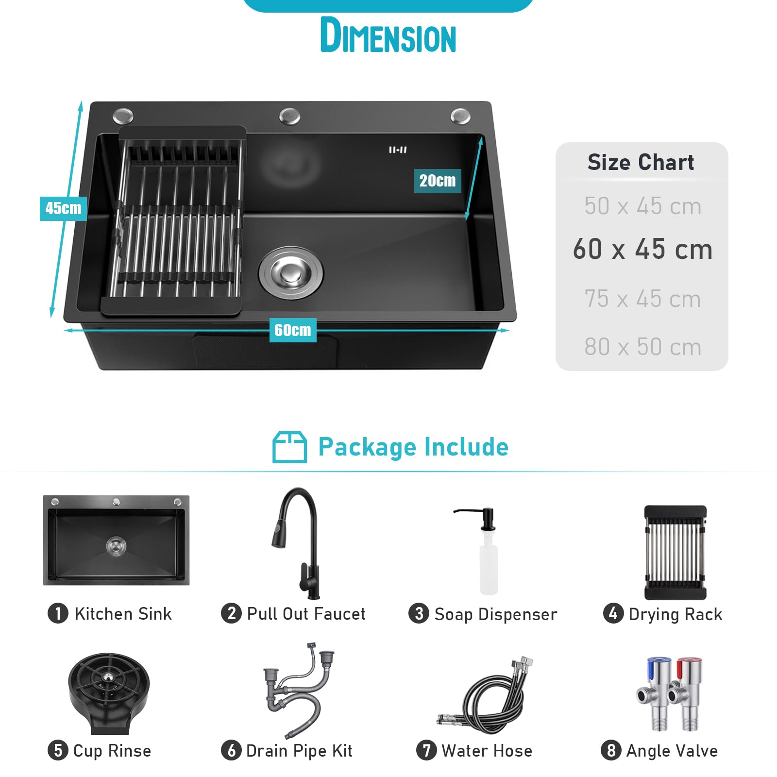 Fregadero de Cocina de Acero Inoxidable 60 cm, Fregadero Empotrado de 3 Agujeros con 1 Cubeta, Set Completo con Grifo Extraíble, Lavavasos y Kit de Desagüe (Gris Oscuro, 60 x 45 cm)