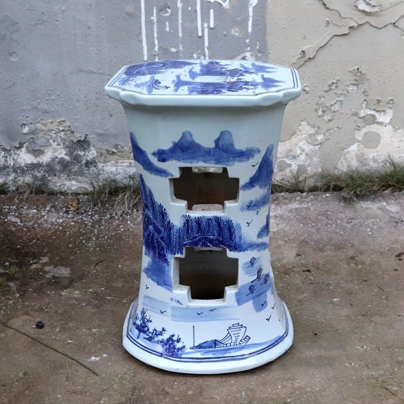 Ceramic Garden Stool Decorative Garden Stools Antique Blue and White Twining Lotus Stool Hand-Painted Hollow Landscape Drum Stool Bean Green Dressing Cooler Ornaments Garden Stool(E)