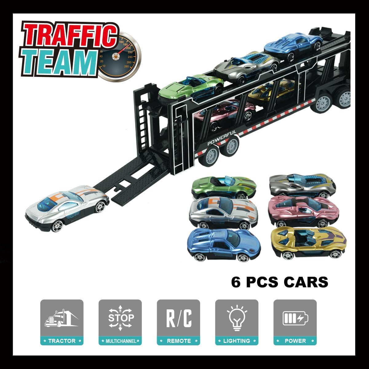 Remote Control Car Transporter Truck Includes 6 Cars, 14" 1:48 Car Transporter Semi Truck Toy, Equipped with 2 Rechargeable Batteries, Gifts Ideas for Boys Age 3-8 Year Old