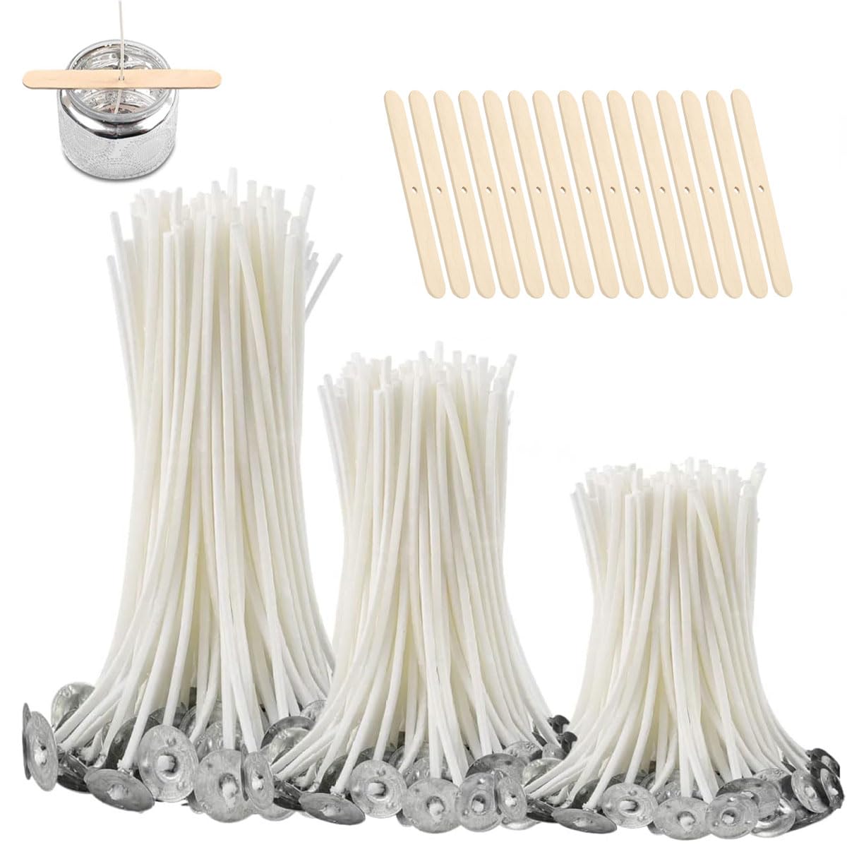 Candle Wick Smokeless 150pcs Bulk Natural Wick with 15pcs Wooden Candle Wick Centering Device 12/15/20cm Pre-Waxed Cotton Core Wicks with Base Thick Candles Wick for Soy Beeswax Candle Making DIY Gift