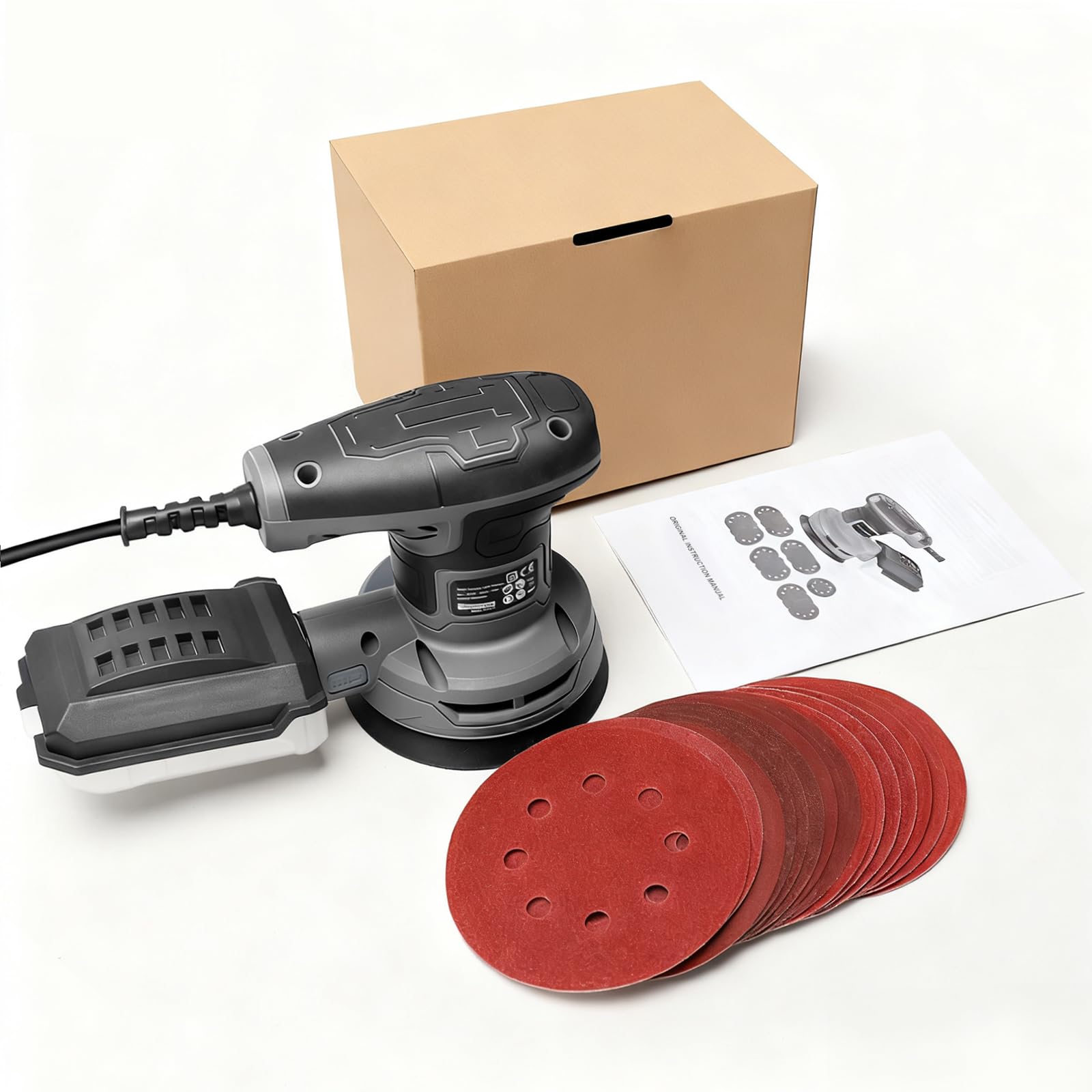 Ponceuse Orbitale Excentrique 320W, 6 Vitesses Réglables (8000–13000 tr/min), Plateau de Ponçage 125mm, 16 Disques Abrasifs, Ponceuse Électrique pour Bois et Métal avec Câble 3m