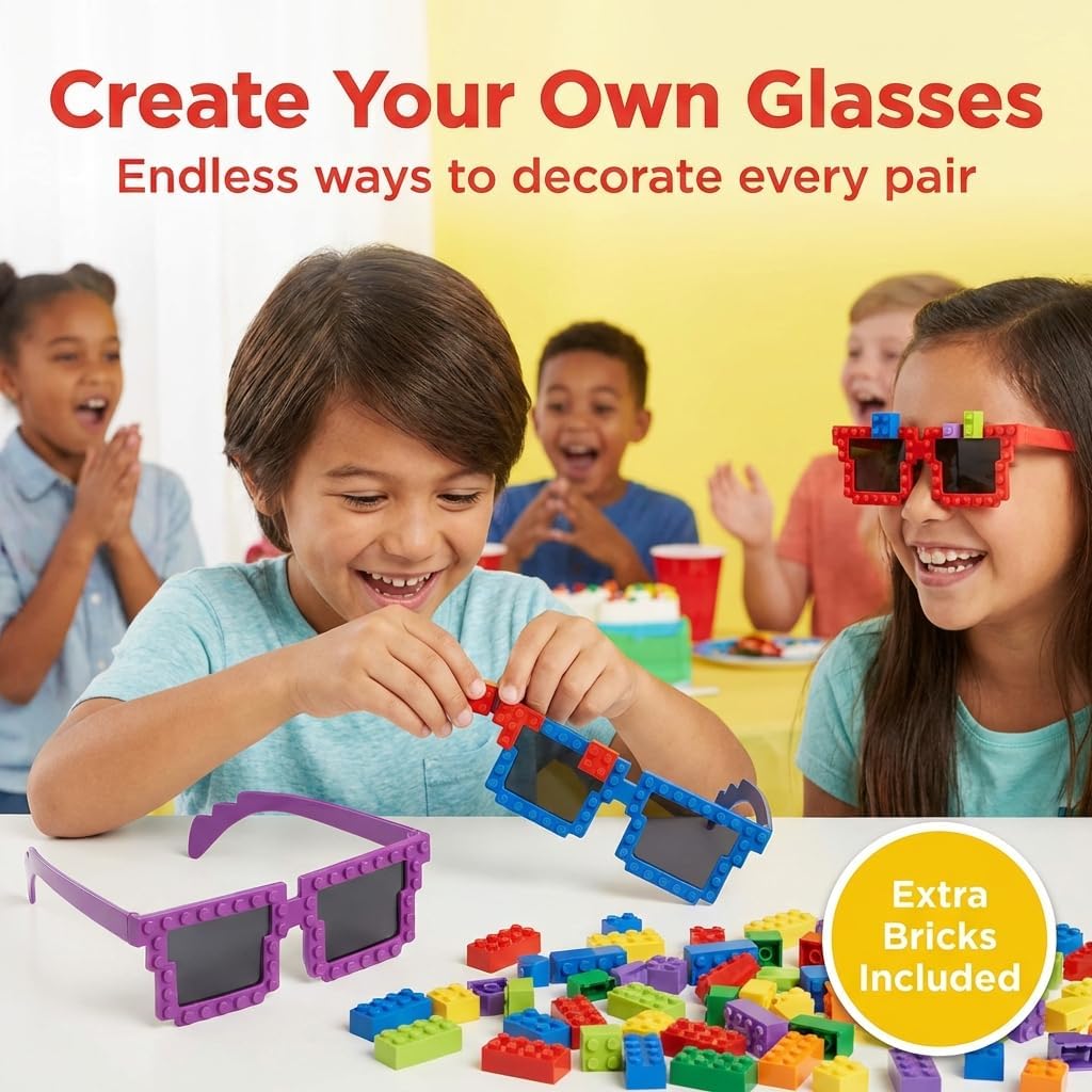 Bedwina Building Blocks Glasses - Block Mania Building Block Glasses with Extra Bricks for Carnival Supplies