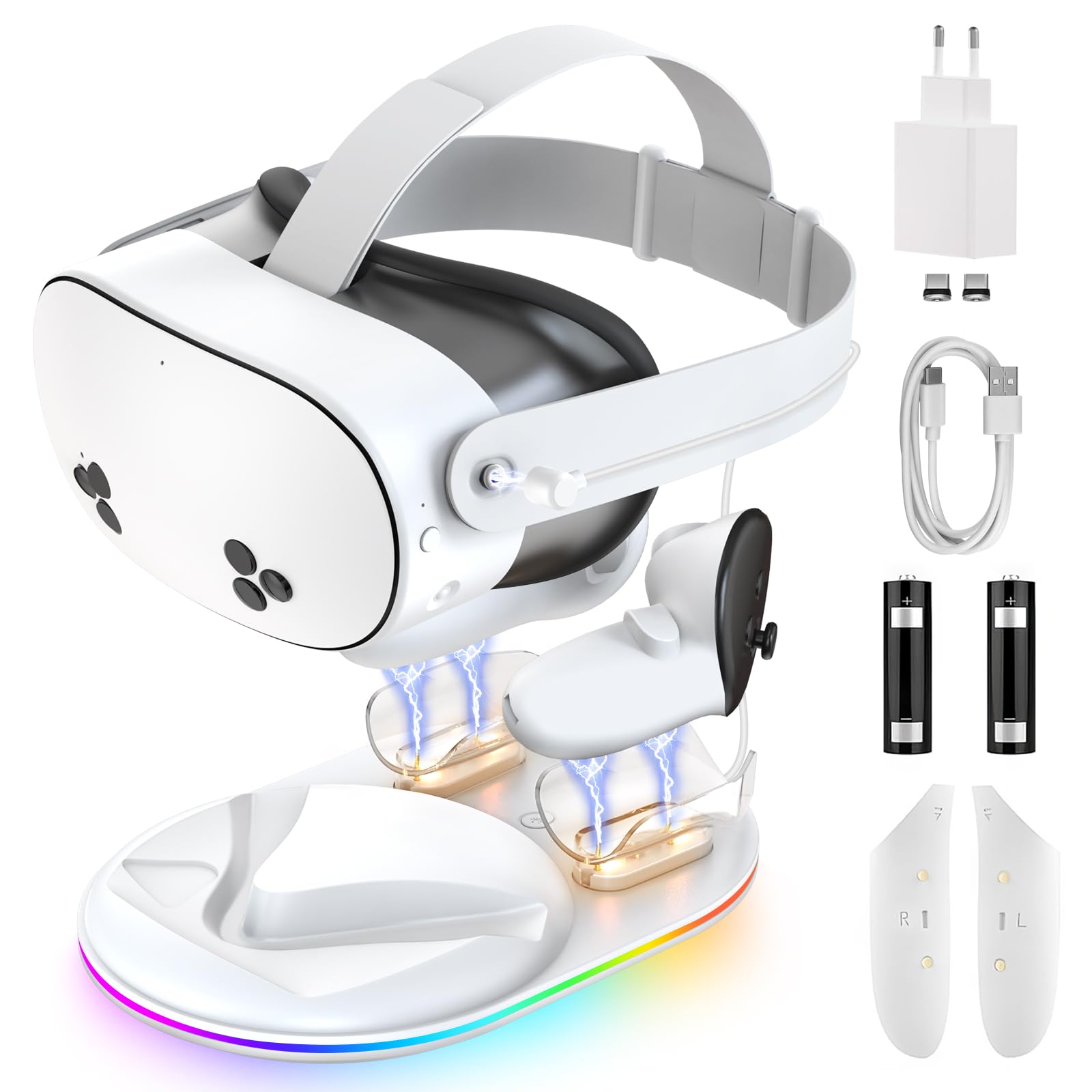 GEEKERA Base de Carga Compatible con Meta Quest 3S: Estación de Carga Magnética para Casco y Mandos, con Adaptador de 18 W, 2 Baterías Recargables y Luces RGB, Accesorios VR para Jugadores