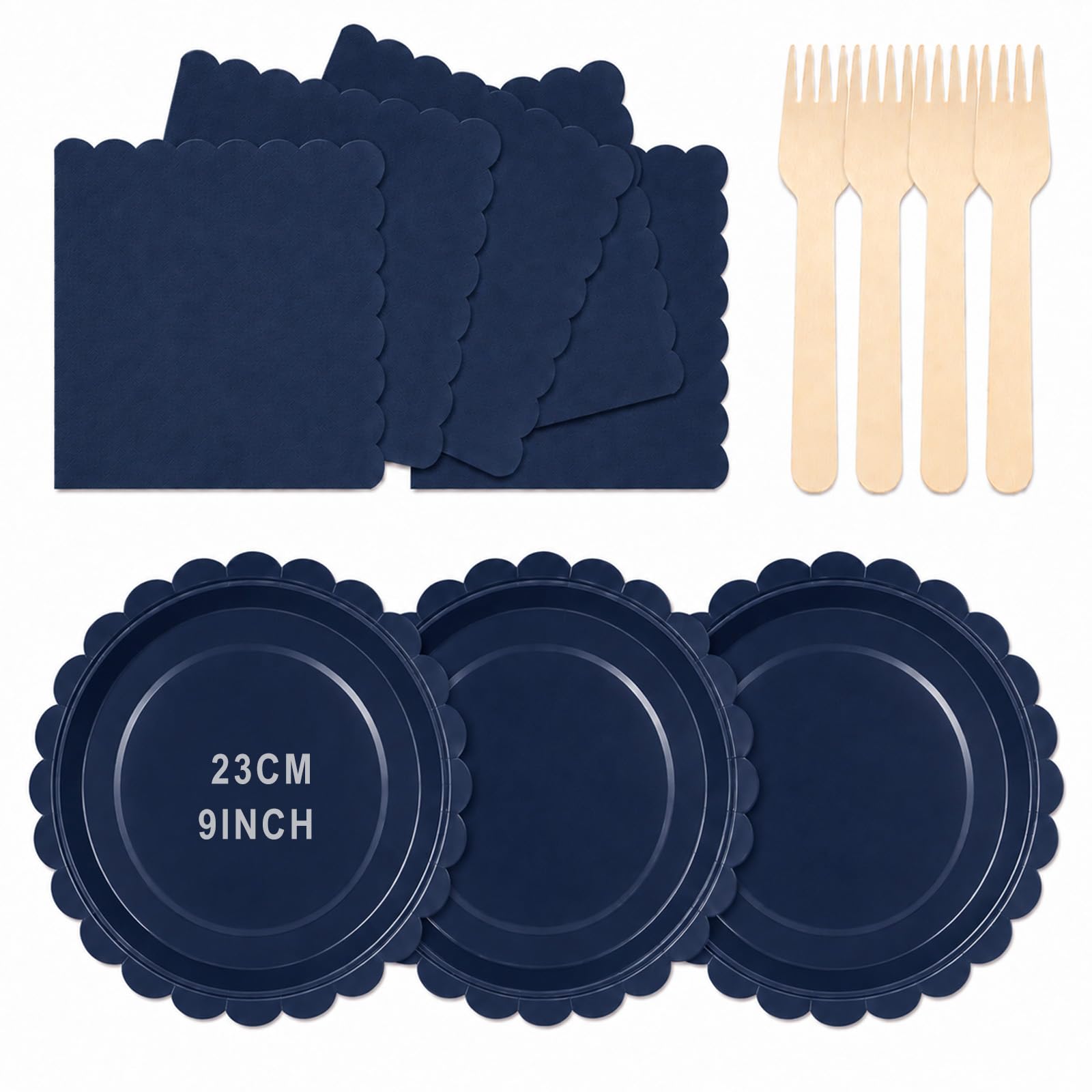 ZblPyro 72 Pcs Navy Blue Scalloped Paper Plates and Napkins for 24 Guests, 9 Inch Party Paper Plates, Napkins & Wooden Forks, for Summer BBQs, Corporate Events, Winter Parties — image 1