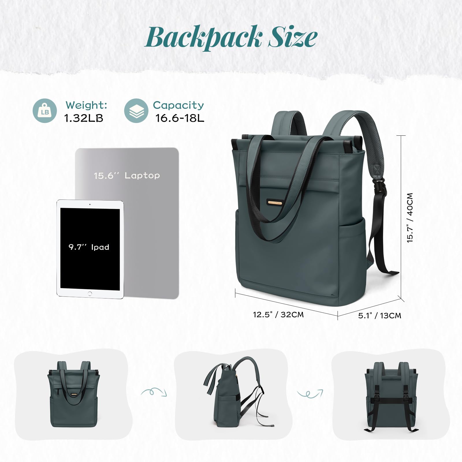 Sac à Dos Convertible pour Ordinateur Portable, Sac à Dos pour Ordinateur Portable pour Femme, Sac de Voyage Décontracté de 15.6 Pouces, pour l'université, les Voyages, le Travail (Vert Foncé)