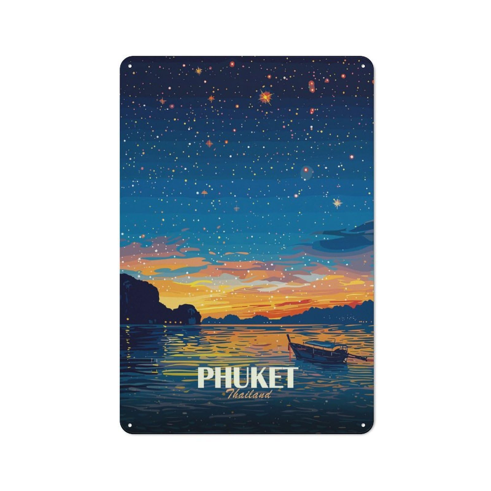 Junmoney Style-16 Tin Wall Plaque 30X20cm With Phuket Thailand Nightscape For Garage Wall, With Clear Vintage Wall Decor Character