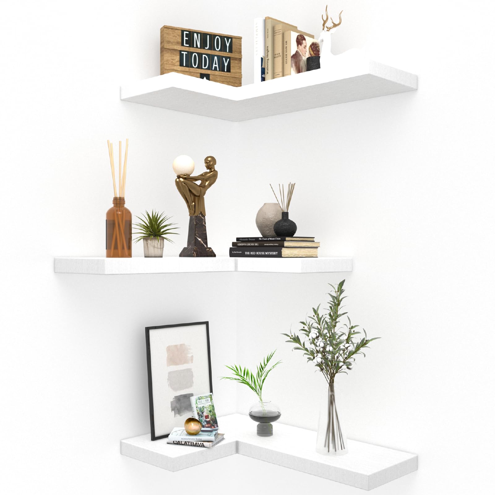 Photo 1 of NATURE'S SOURCE Floating Corner Shelves with Invisible Brackets Set of 3, Corner Shelves Wall Mounted, for Home Bedroom Bathroom Kitchen Living Room Office- 16.1" x 11.5" (Pure White)