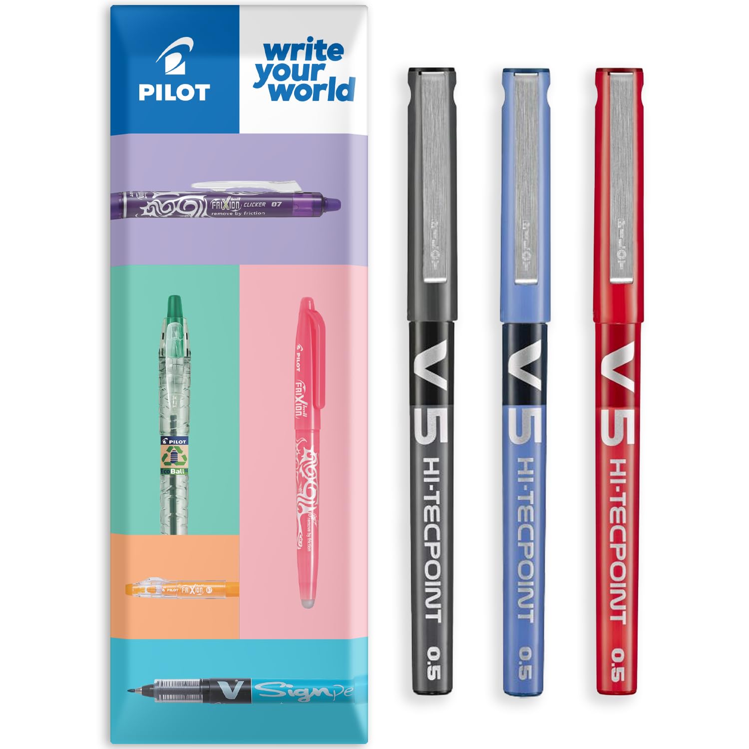 Pilot V5 Hi-Tecpoint - Penna A Sfera Con Punta Fine Da 0,5 Mm, Spessore Tratto 0,3 Mm, Confezione Da 3, Set Nero, Blu E Rosso-image