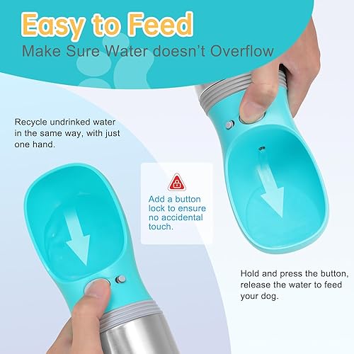 Miniatura 4 de Botella de agua portátil para perros, 14 onzas, dispensador de agua de acero inoxidable a prueba de fugas para cachorros con alimentador para
