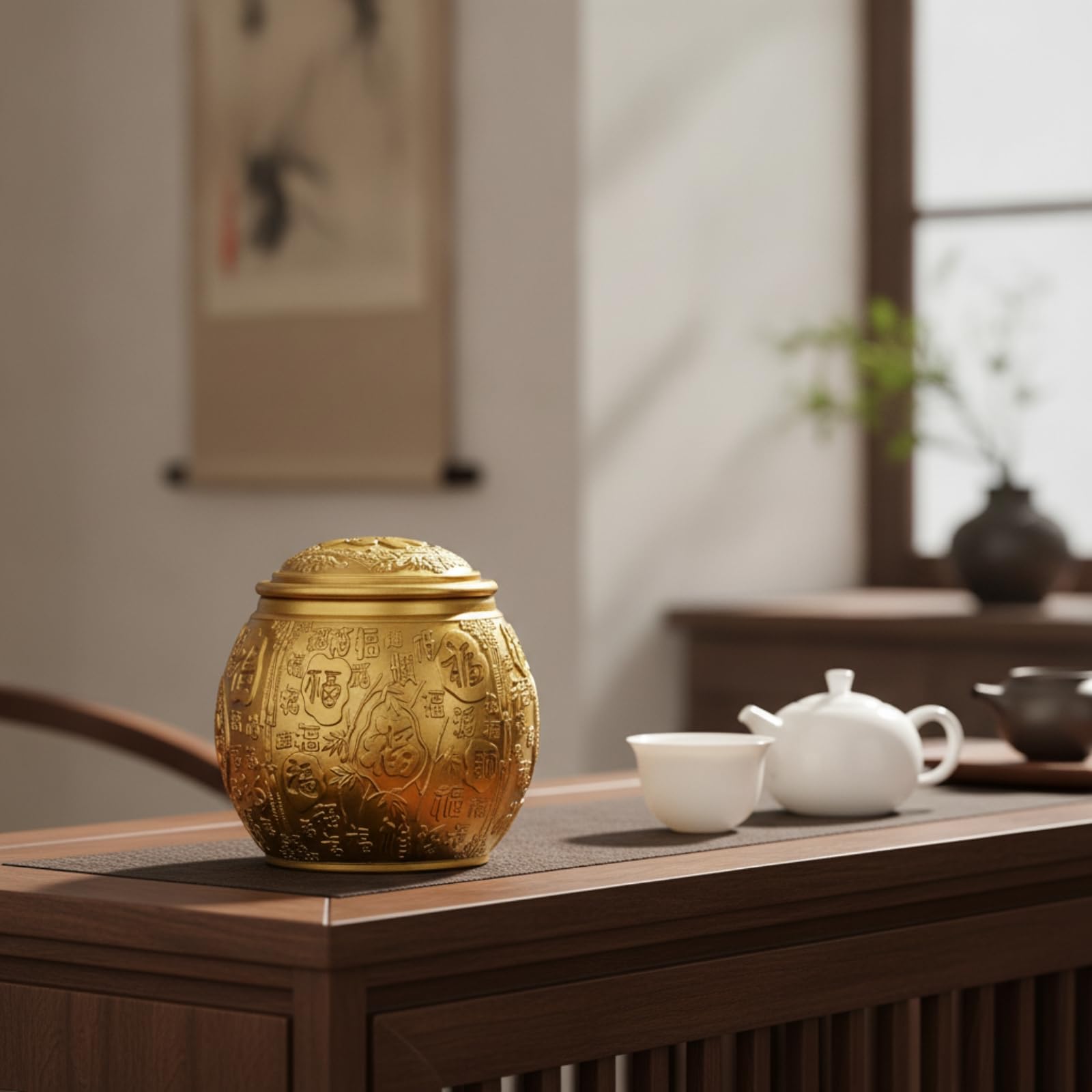 Tarro Metal con Tapa Dorado Recipiente Gofrado Recipiente para Aficionados Al Té, Coleccionistas, Recibidor, Escritorio
