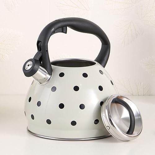 Miniatura 6 de Hervidor de té, tetera de lunares blancos y negros, bonita tetera silbante para estufa, tetera de acero inoxidable con mango ergonómico de agarre