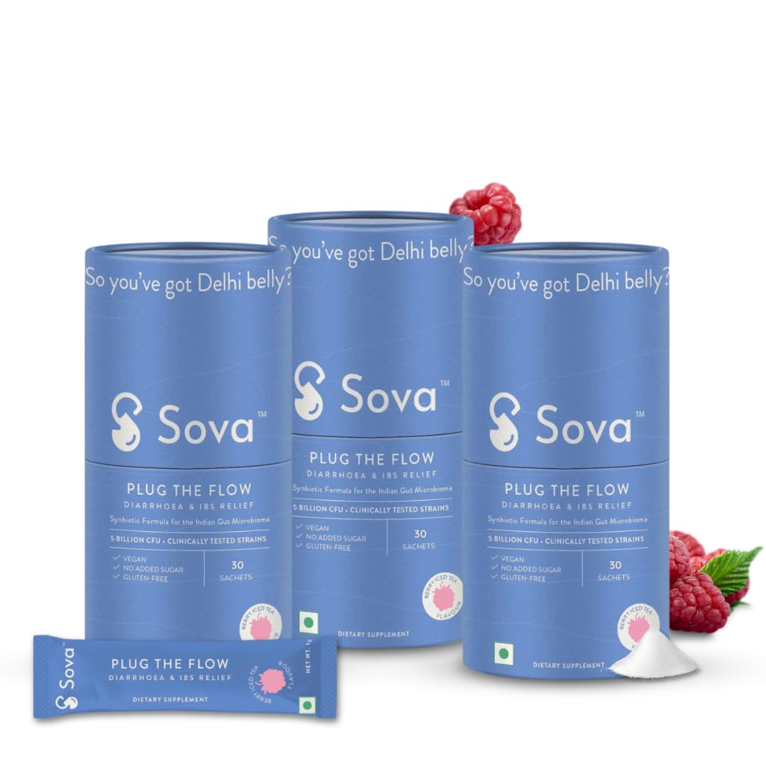 Sova Gut Health Supplements for Leaky Gut | IBS Relief | Prevent Loose Stools, Diarrhea, Upset Stomach | Clinically Researched Prebiotics, Probiotics & Digestive Enzymes | 5 Billion CFUs | 90 Vegan Sachets For Men and Women | Plug The Flow - Pack of 3