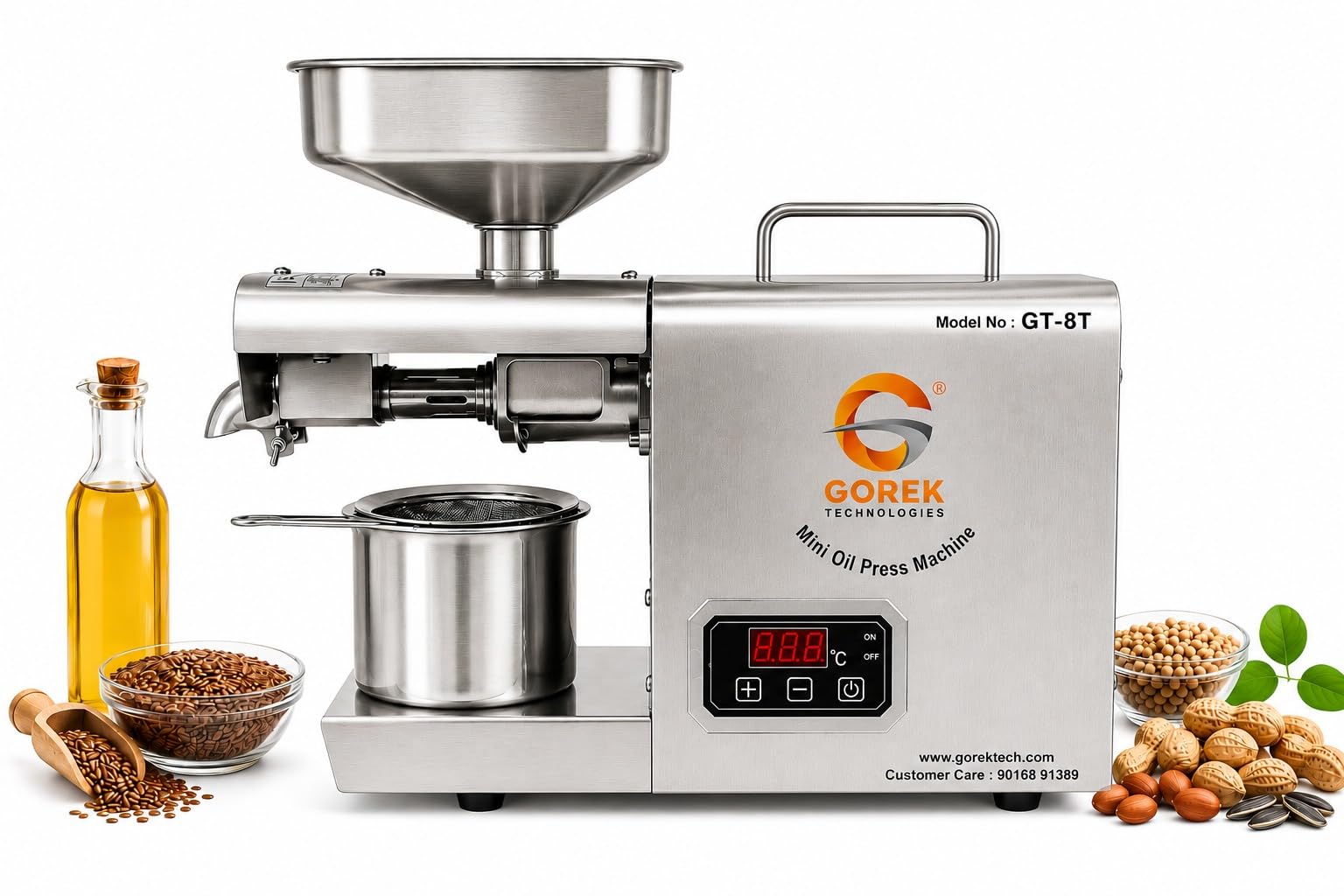 Gorek Technologies 800W Oil Maker Machine with Temperature Controller | GT-8T Stainless Steel Cold Press Oil Extractor for Groundnut, Coconut, Mustard, Sesame & Seeds | for Home Use