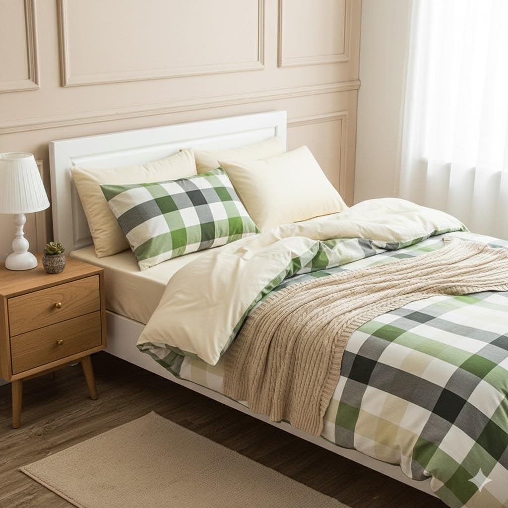 100% Washed Cotton Plaid Duvet Cover Set (1 Duvet Cover + 2 Pillowcases, Without Core), 3pcs Washed Cotton Geometric Pattern Printed Bedding Set, Checkered Grid Simple Style