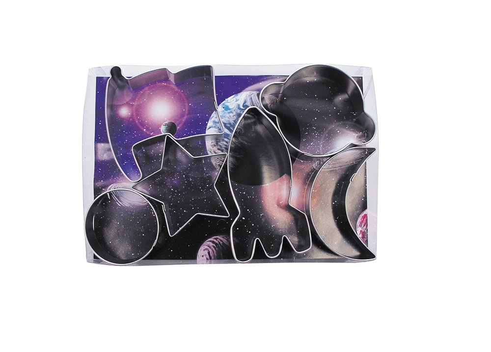 R&MInternational Space Cookie Cutters, Rocket, Star, Crescent Moon, Flag, Planet, Circle, 6-Piece Set,Silver