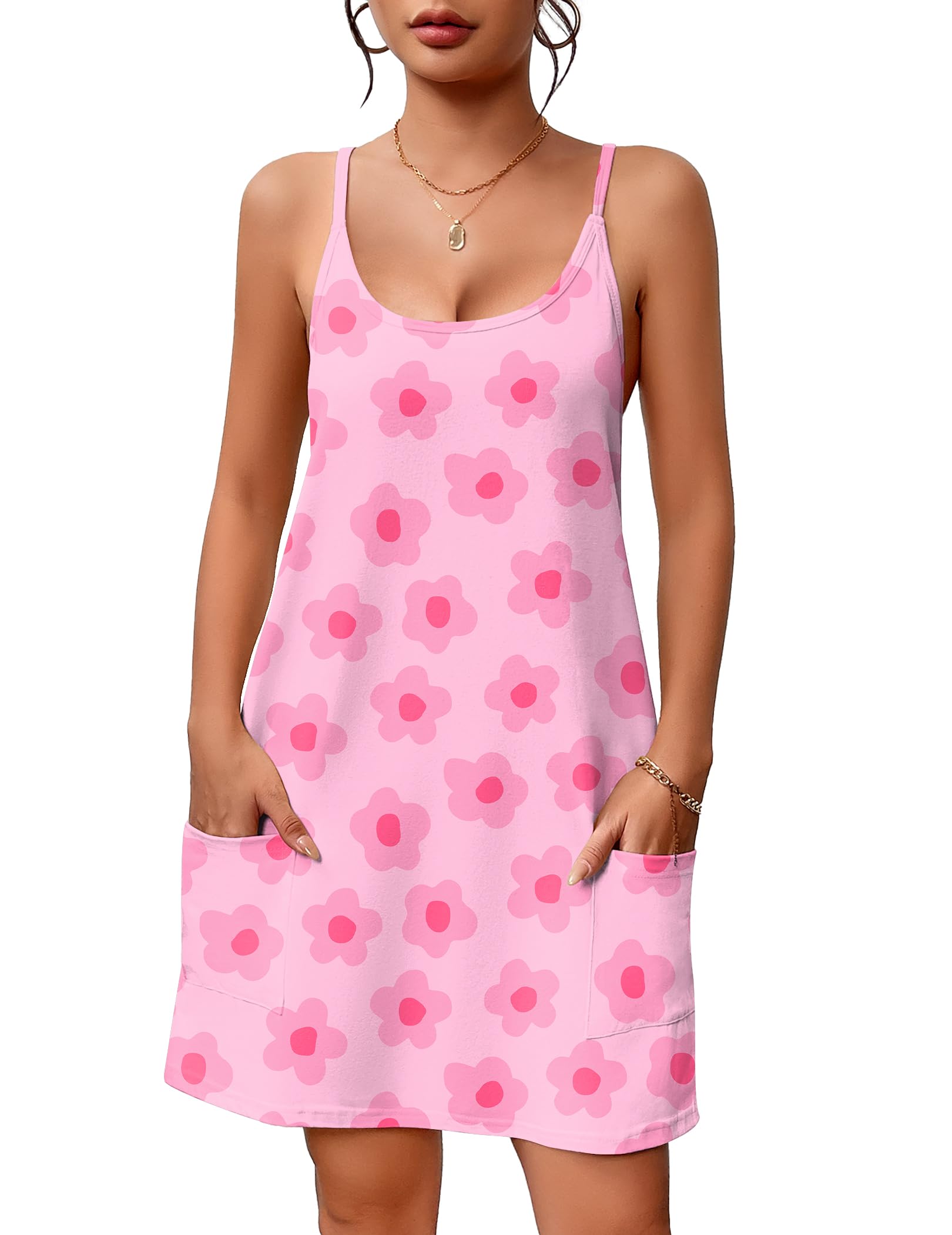 EKOUAER Nightgowns for Women Cotton Sleepwear Sexy Sleep Shirt Adjustable Spaghetti Strap Night Gowns with Pockets S-3XL