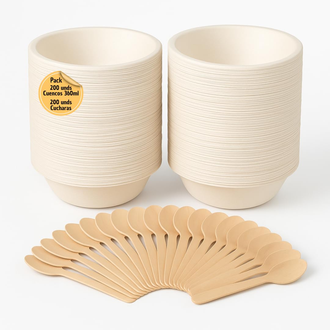 Pack 200 Cuencos Biodegradables Fibra de Caña 12oz + 200 Cucharas de Madera Encerada 16cm | Vajilla Desechable Ecológica Compostable | Alimentos Calientes y Frios (Cuencos y Cucharas)