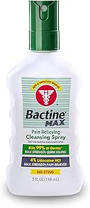 Bactine MAX First Aid Spray - Pain Relief Cleansing Spray with 4% Lidocaine - Numbing Lidocaine Kills 99.9% of Germs - Pain + Itch Relief For Minor Cuts &amp; Scrapes, Burns &amp; Bug Bites - 5oz