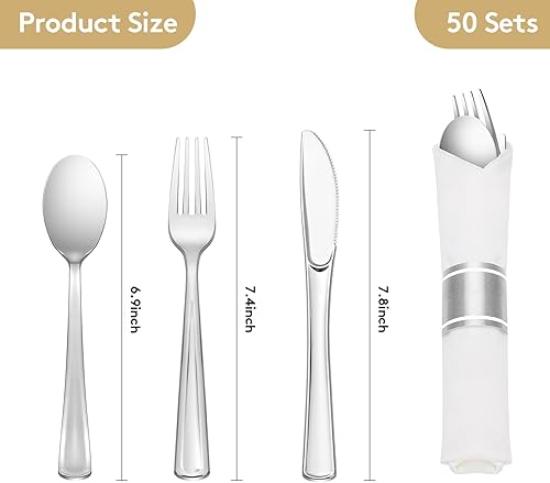 Miniatura 3 de Goodluck Juego de 50 cubiertos de plástico plateado preenrollados, juego de cubiertos de plástico envueltos con servilleta que incluye 50 tenedores,