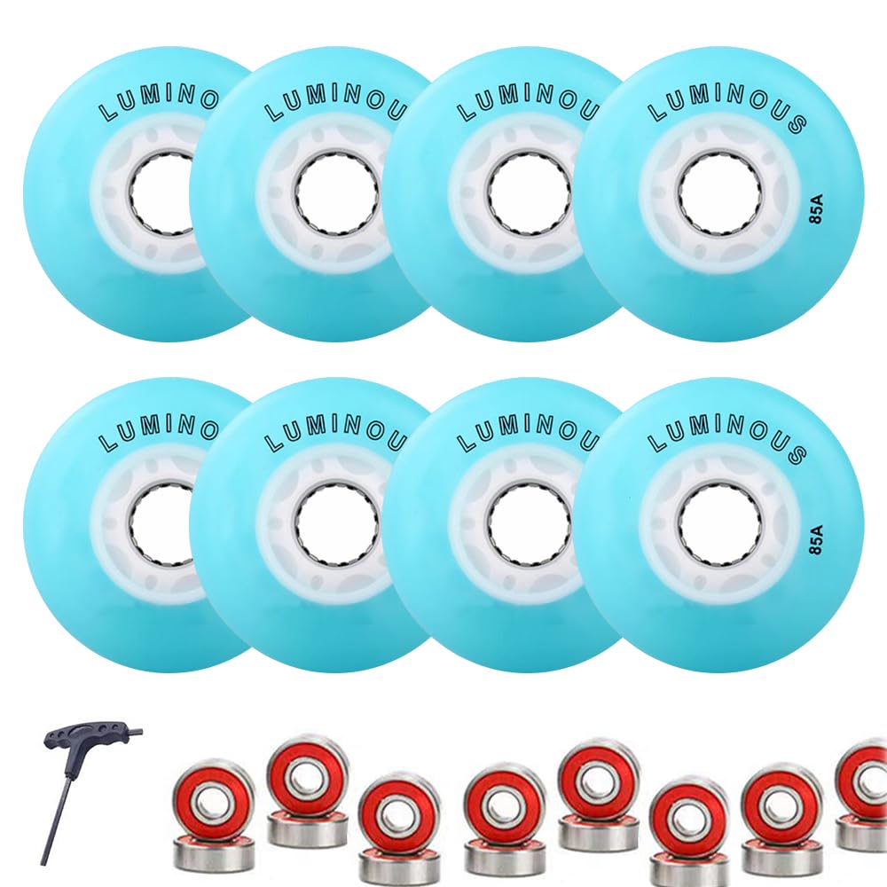 Confezione da 8 Ruote in Linea da 76 mm E 80 mm 85A con Luci Ruote di Ricambio per Pattini in Linea con Cuscinetti per Uso Esterno E Interno (Blu 80 mm)