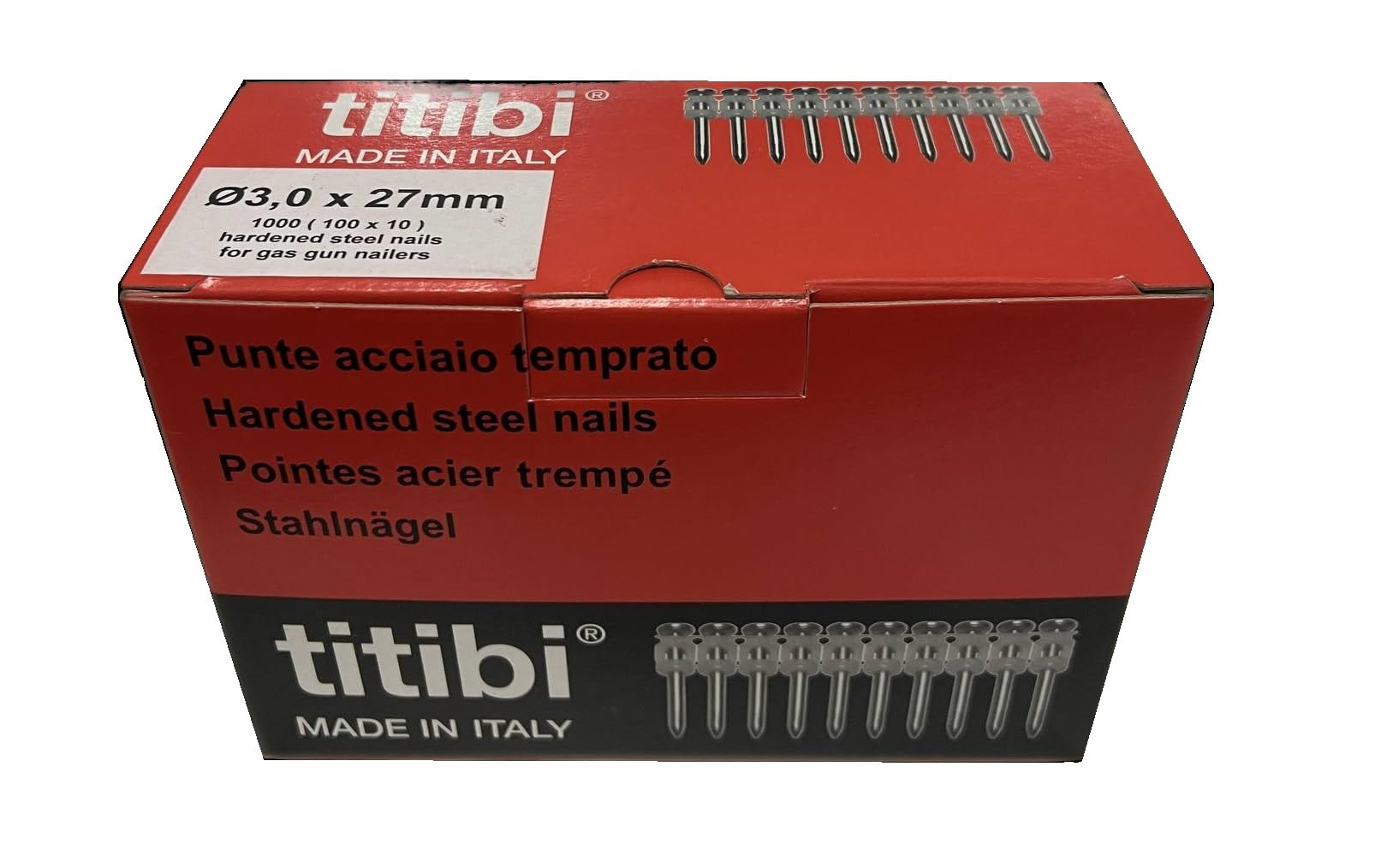 N. 1000 CHIODI TITIBI Ø3,0 X 27mm, COMPATIBILI 100% CON CHIODATRICE A GAS HILT: GX 3, GX 100, GX 100-E, GX 120, GX 120-E (Ø 3,0 X 27)