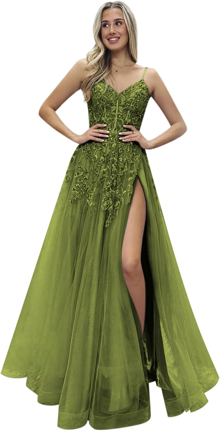 Spaghetti Straps Lace Appliques Tulle Prom Dresses with Slit Sparkly Long A Line Formal Evening Party Gowns