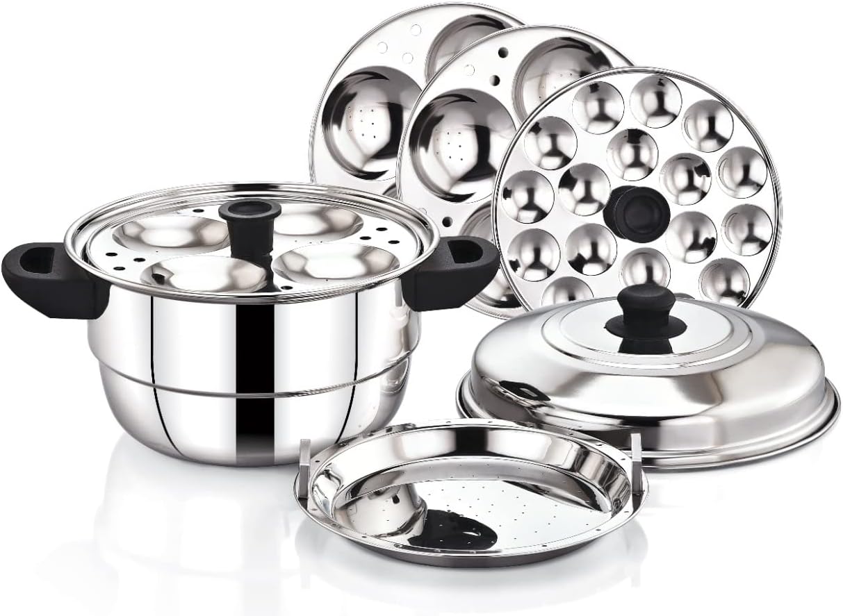 Hometronics Stainless Steel Multi Steamer Pot (3 Idli Plates/12 Idlis, 1 Mini Idli Plate/15 Mini Idlis and 1 Multi-Purpose Steamer/Idiyappam Steamer Plate) (12 idli)