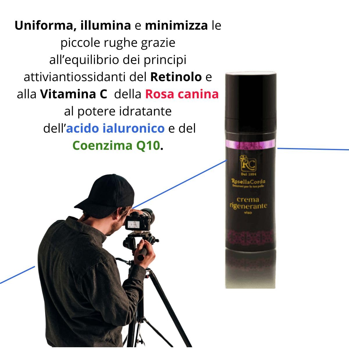 Crema Viso Rigenerante RC Antirughe Pelli Mature con Rosa Canina, Retinolo, Vitamina C, Acido Ialuronico e Coenzima Q10-30 ml | Anti Età e Idratante