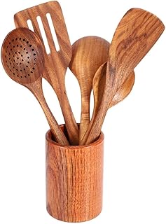 Gaoominy Set de Utensilios Cocina Utensilios Madera y Almacenamiento Barril Madera - EspáTula y Cucharas Madera Dura Antiadherentes Naturales - Cuchara Duradera y EcolóGica (Juego de 6) FWEOOFN