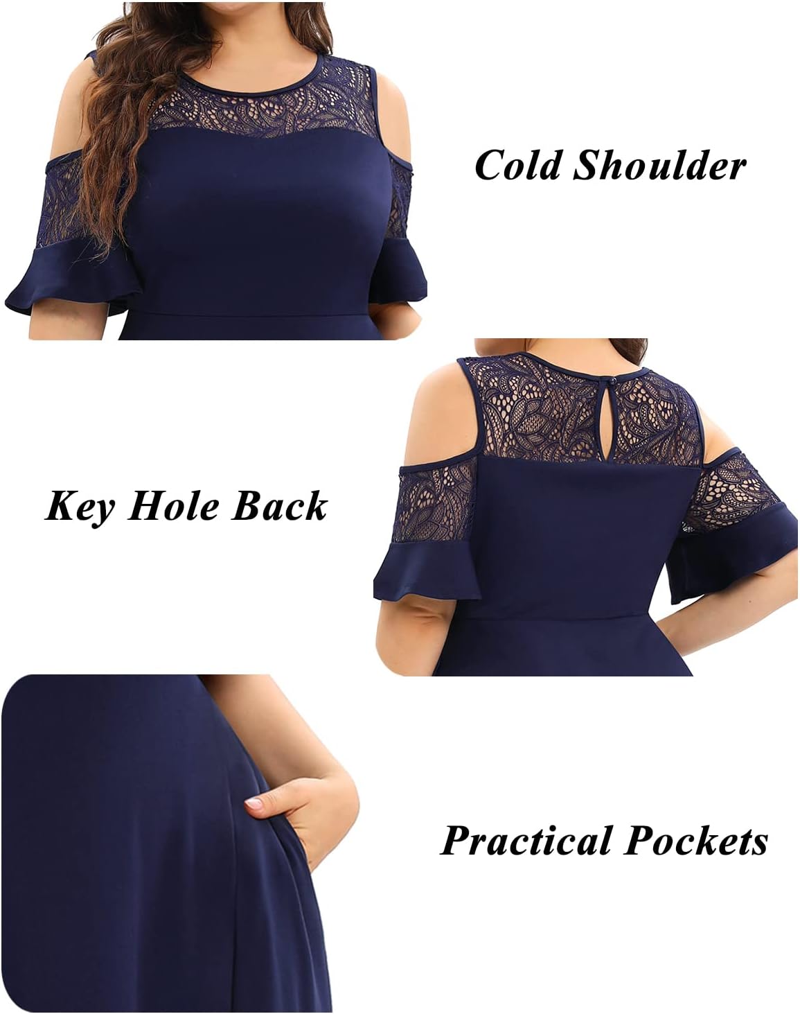 Plus Size Cocktail Dress - Graduation Cold Shoulder Lace Midi Dresses with Pockets - Image 4