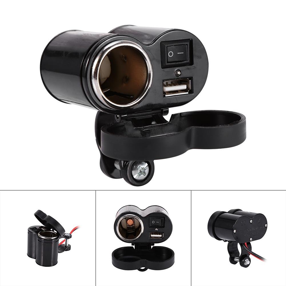 Akozon Caricabatteria USB per manubrio moto, 12 V, impermeabile, con presa USB per accendisigari