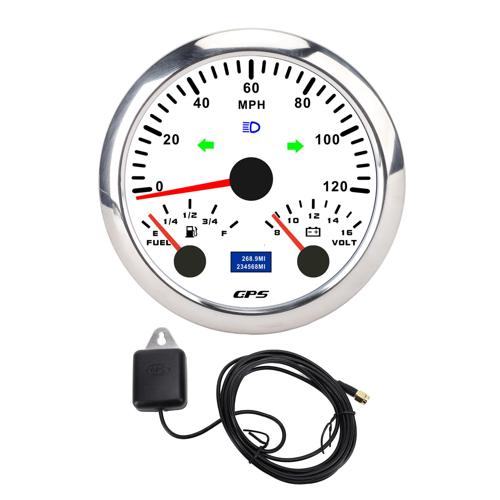 Prędkościomierz GPS Przebieg dla Ciężarówki RV 120MPH 85mm Wskaźnik 3 w 1 7 Kolorów Podświetlenia Dotyczy Wszystkich Samochodów, Motocykli, łodzi (Biała tarcza, srebrna ramka CX8308)