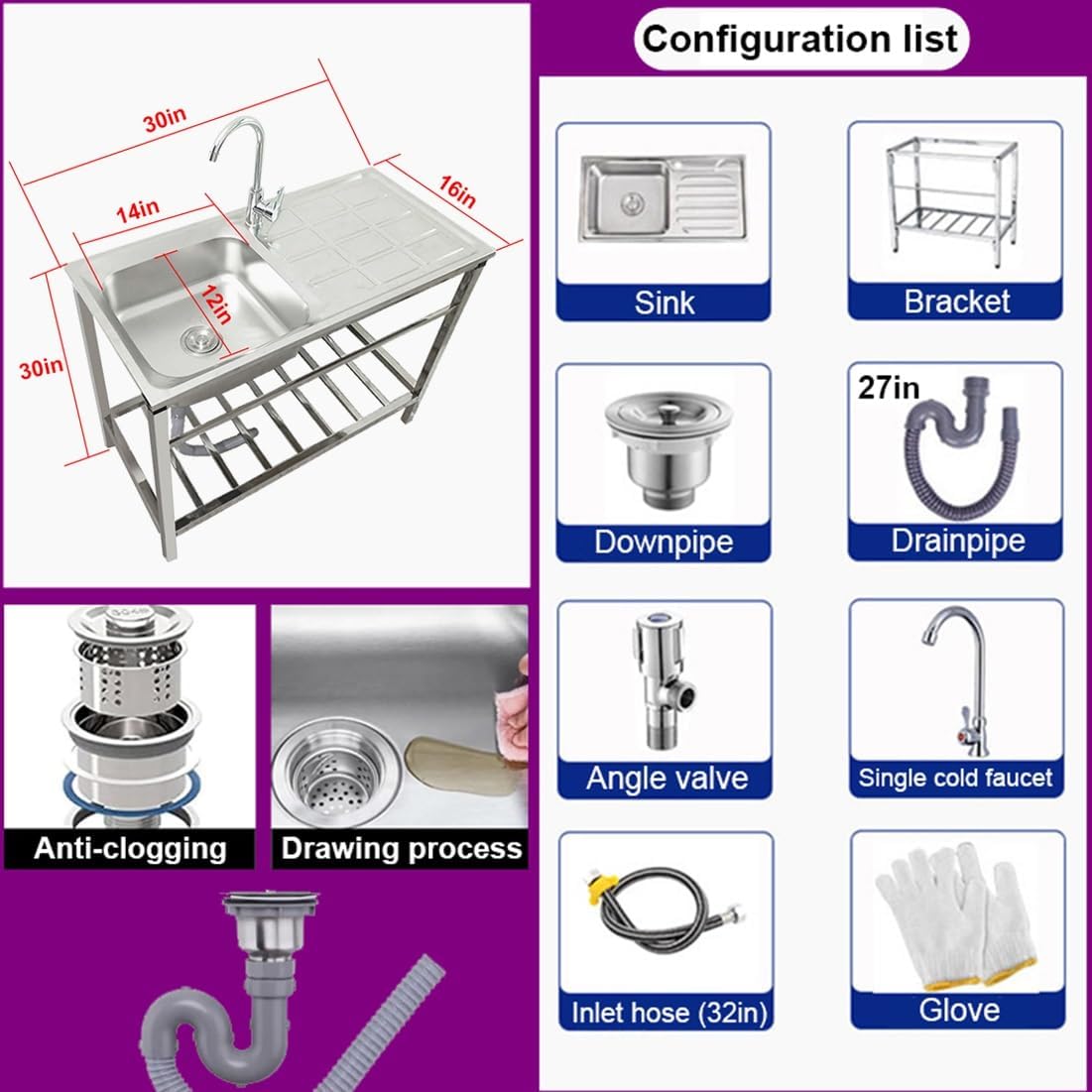 Stainless Steel Kitchen Sink, Freestanding Single Bowl Sink, Sink Workstation w/Faucet, Prep & Utility 30 x16 X 16 in Washing Hand Basin (Silver)