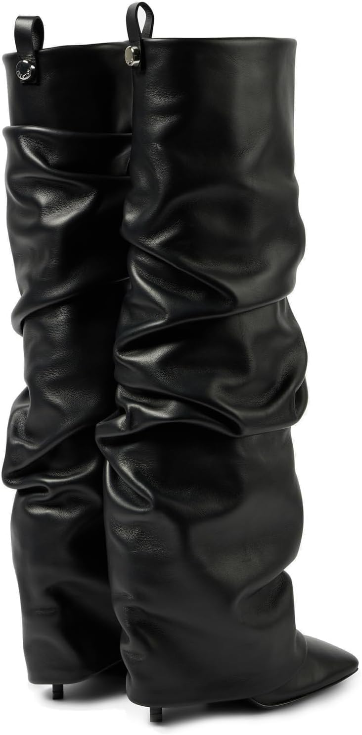 Goolita Fold Over Boots For Women, Square Toe Stiletto Heel Slouchy Knee High Boots Leather Comfortable Slip On Tall Boots