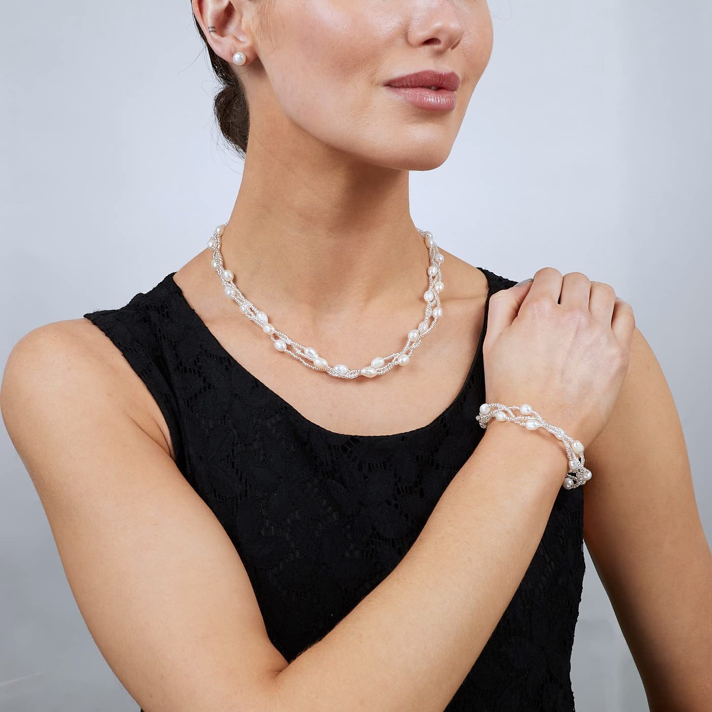 Treasurebay Perlen-Schmuck Set, Halskette, Armband, Ohrringe, Süßwasserperlen, in schöner Schmuck Geschenk-Box, Weiß