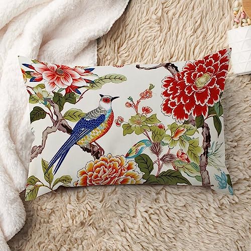 ArogGeld Bird in Peony Tree Coral Lumbar Throw Pillow Covers Red Peony Flower Animal Bird Decorative Cushion Cover Oriental Chinoiserie Farmhouse Accent Pillow for Living Room 16x24in